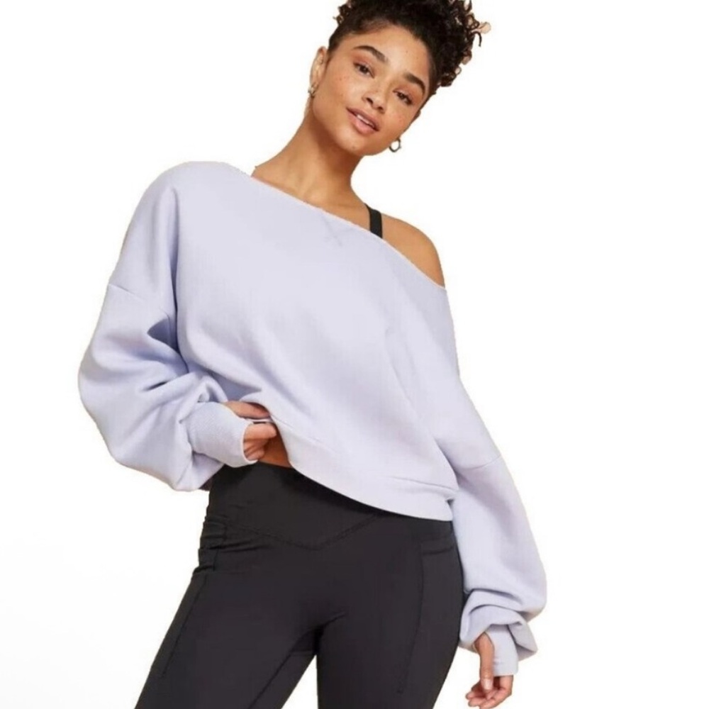 NWT- BLOGILATES Women's Off-Shoulder Dance Studio Sweatshirt- Evening Haze